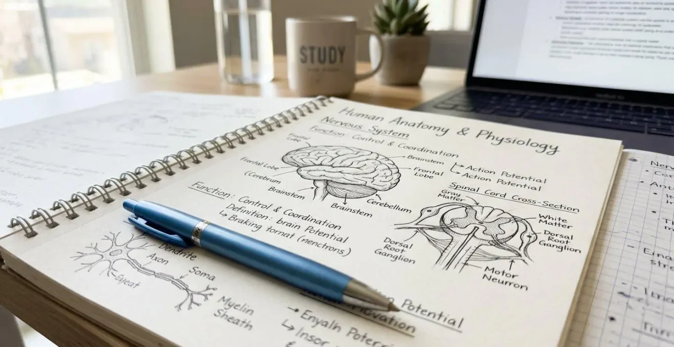 Gros plan sur un cahier d'étudiant infirmier avec notes manuscrites, schéma d'anatomie et stylo posé sur un bureau propre