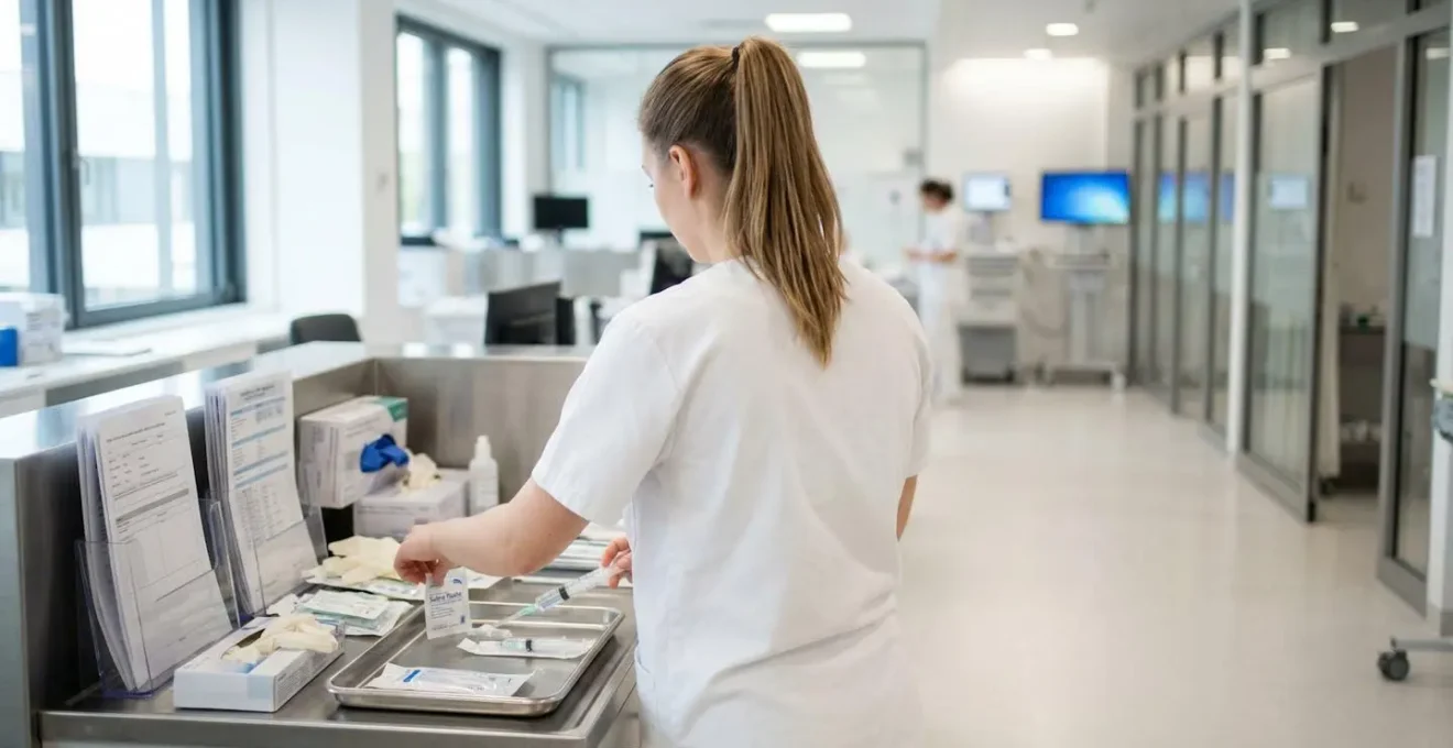 Étudiante infirmière en blouse blanche vue de dos, préparant du matériel de soins dans un service hospitalier moderne et lumineux