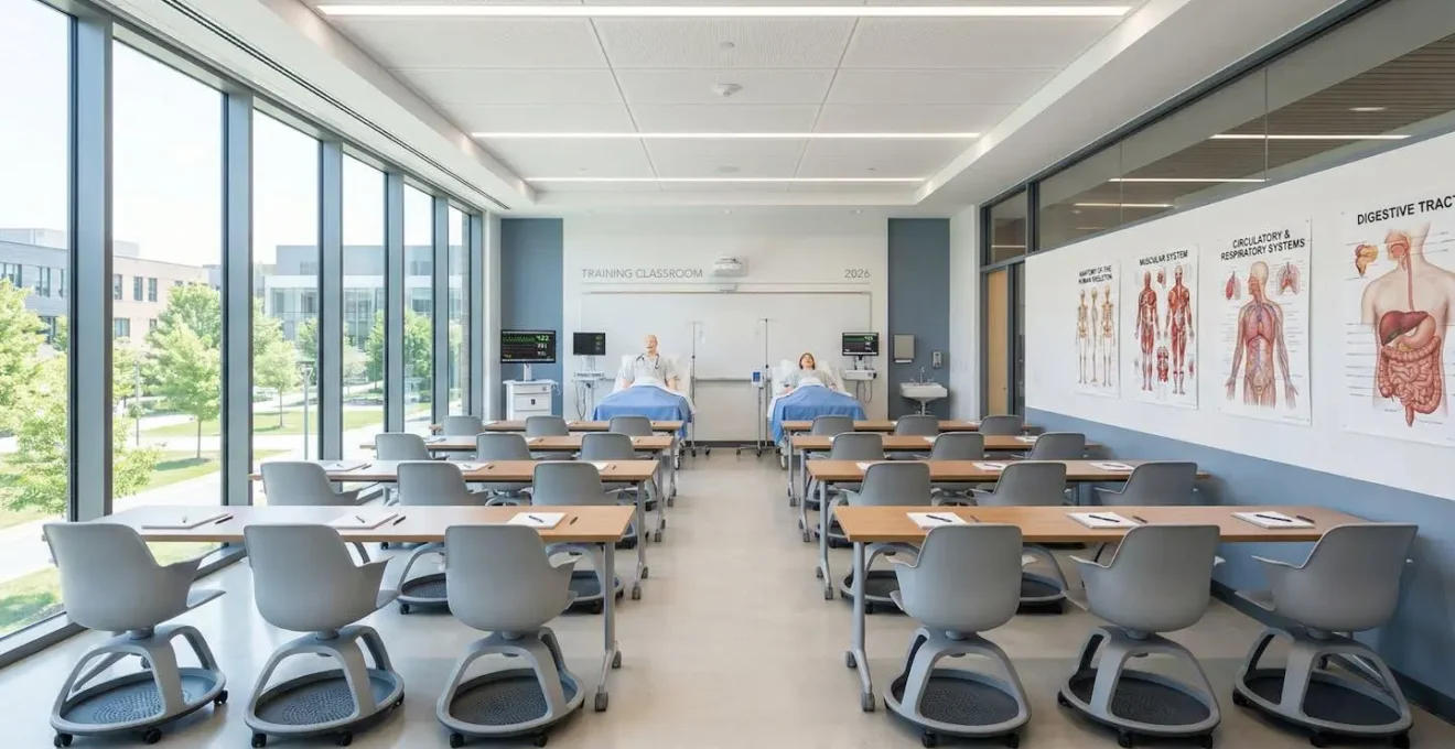Salle de formation IFSI vide avec mannequins de simulation, affiches anatomiques et chaises rangées, baignée de lumière naturelle