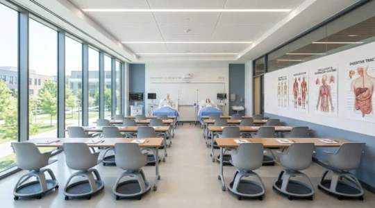 Salle de formation IFSI vide avec mannequins de simulation, affiches anatomiques et chaises rangées, baignée de lumière naturelle